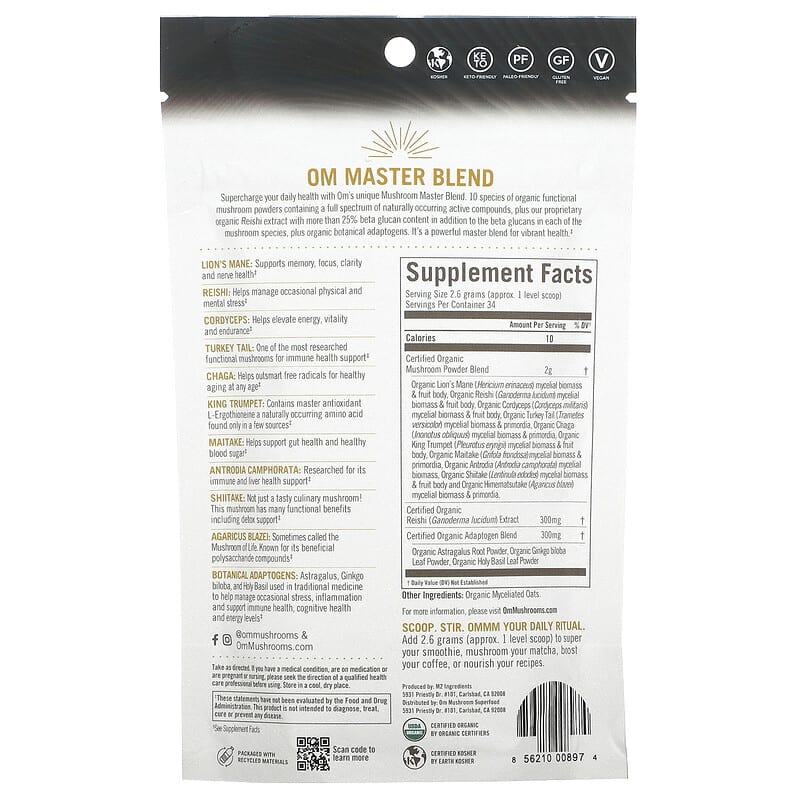 Om Mushrooms Mushroom Master Blend 3.17 oz (90 g) 2 Thành phần vi chất của Om Mushrooms Mushroom Master Blend 3.17 oz (90 g) 856210008974