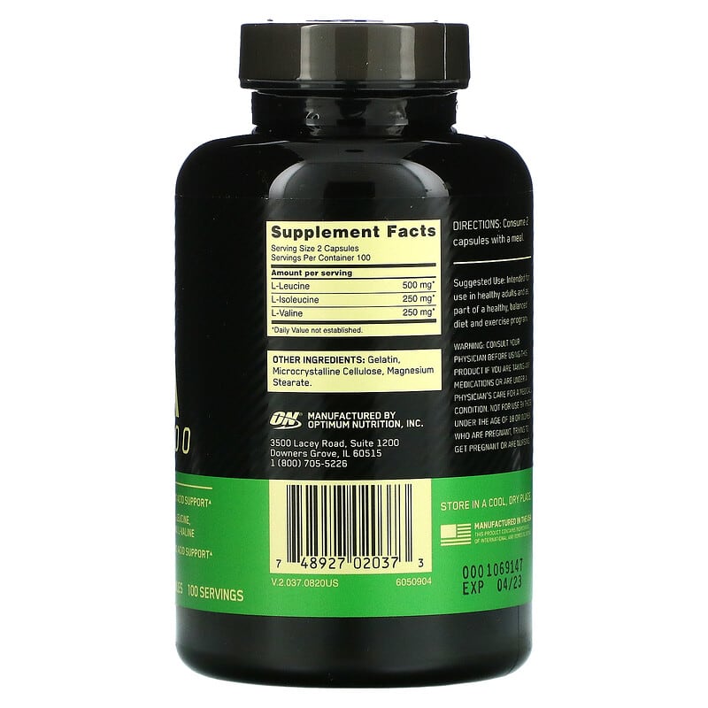Optimum Nutrition BCAA 1000 500 mg 200 Capsules 2 Thành phần vi chất của Optimum Nutrition BCAA 1000 500 mg 200 Capsules 748927020373