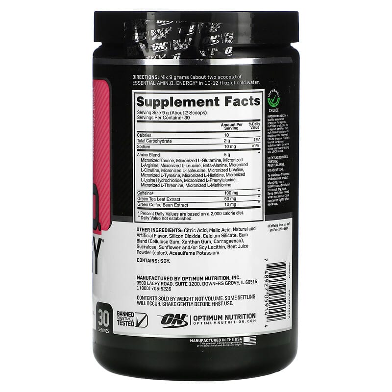 Optimum Nutrition ESSENTIAL AMIN.O. ENERGY Juicy Strawberry Burst 9.5 oz (270 g) 2 Thành phần vi chất của Optimum Nutrition ESSENTIAL AMIN.O. ENERGY Juicy Strawberry Burst 9.5 oz (270 g) 748927059144