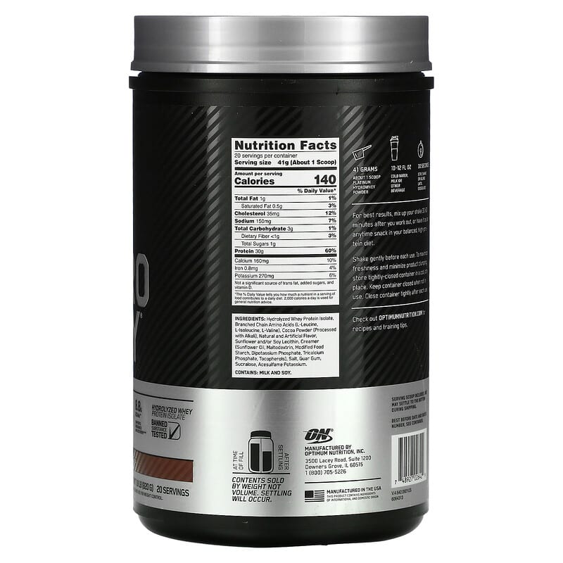 Optimum Nutrition Platinum Hydro Whey Turbo Chocolate 1.8 lb (820 g) 2 Thành phần vi chất của Optimum Nutrition Platinum Hydro Whey Turbo Chocolate 1.8 lb (820 g) 748927026429