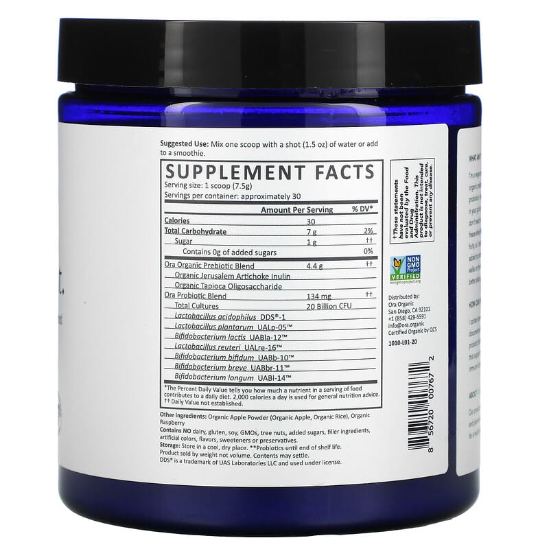 Ora Trust Your Gut Vegan Probiotic & Prebiotic Powder Supplement Organic Apple & Raspberry 7.9 oz (225 g) 2 Thành phần vi chất của Ora Trust Your Gut Vegan Probiotic & Prebiotic Powder Supplement Organic Apple & Raspberry 7.9 oz (225 g) 856720007672