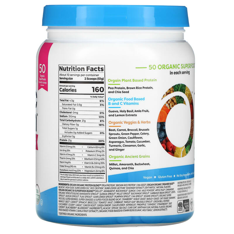 Orgain Organic Protein & Superfoods Powder Plant Based Vanilla Bean 1.12 lb (510 g) 2 Thành phần vi chất của Orgain Organic Protein & Superfoods Powder Plant Based Vanilla Bean 1.12 lb (510 g) 851770007351