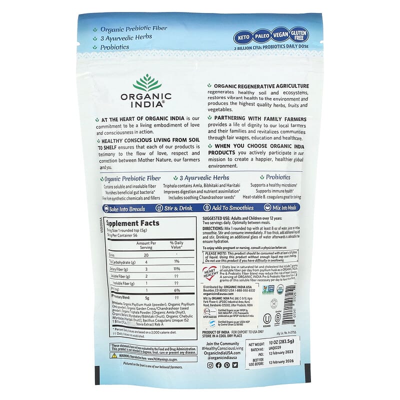 Organic India Psyllium Pre & Probiotic Fiber Original 10 oz (283.5 g) 2 Thành phần vi chất của Organic India Psyllium Pre & Probiotic Fiber Original 10 oz (283.5 g) 801541517251