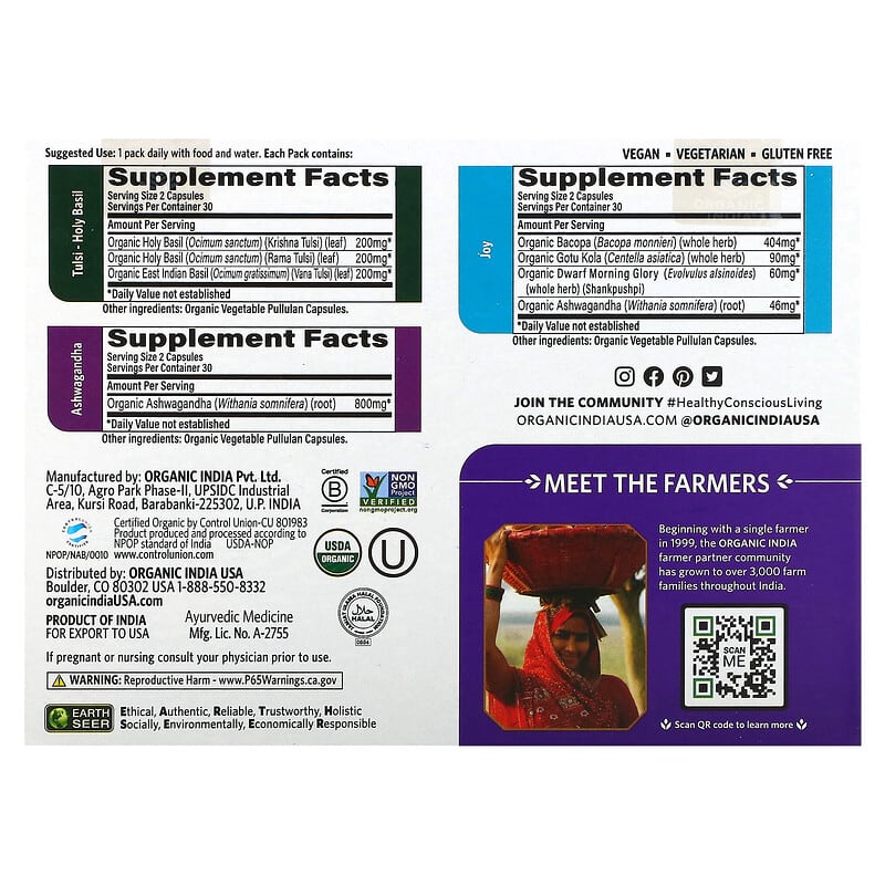 Organic India Stress & Mood Support Daily Pack 30 Daily Packs 180 Vegetable Capsules 2 Thành phần vi chất của Organic India Stress & Mood Support Daily Pack 30 Daily Packs 180 Vegetable Capsules 850021635183