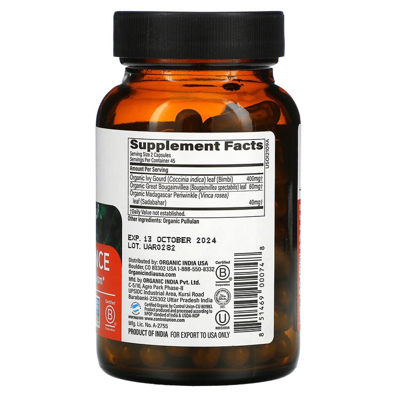 Organic India Sugar Balance Healthy Glucose Metabolism 90 Veg Caps 2 Thành phần vi chất của Organic India Sugar Balance Healthy Glucose Metabolism 90 Veg Caps 851469000748