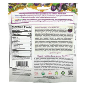 Thành phần vi chất của Organic Traditions Maca For Women with Probiotics 5.3 oz (150 g) 627733002752