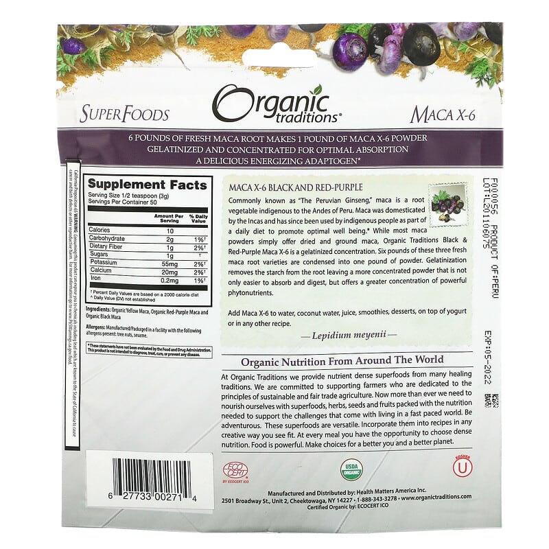 Organic Traditions Maca X-6 Black and Red-Purple 5.3 oz (150 g) 2 Thành phần vi chất của Organic Traditions Maca X-6 Black and Red-Purple 5.3 oz (150 g) 627733002714