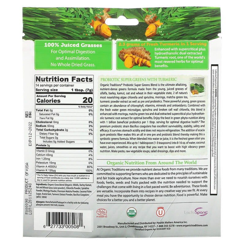 Organic Traditions Probiotic Super Greens with Turmeric 3.5 oz (100 g) 2 Thành phần vi chất của Organic Traditions Probiotic Super Greens with Turmeric 3.5 oz (100 g) 627733005081