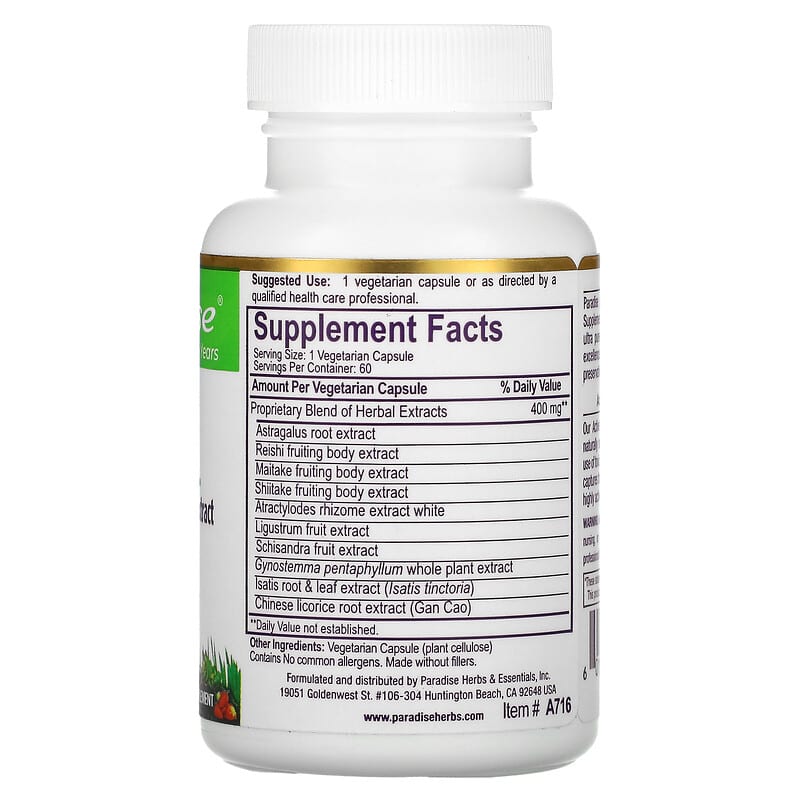Paradise Herbs A.R.M. Astragalus Reishi Maitake Extract 60 Vegetarian Capsules 2 Thành phần vi chất của Paradise Herbs A.R.M. Astragalus Reishi Maitake Extract 60 Vegetarian Capsules 601944777166