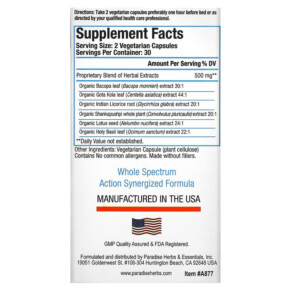 Thành phần vi chất của Paradise Herbs AYUR-Pro Rx Calm 60 Vegetarian Capsules 601944778774