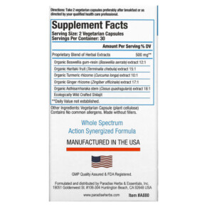 Thành phần vi chất của Paradise Herbs AYUR-Pro Rx Flex 60 Vegetarian Capsules 601944778804