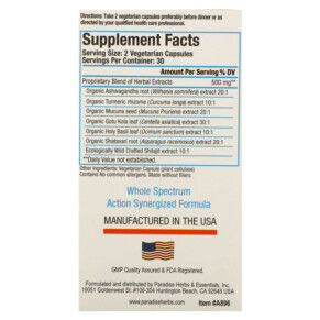 Thành phần vi chất của Paradise Herbs AYUR-Pro Rx Immune 60 Vegetarian Capsules 601944778965