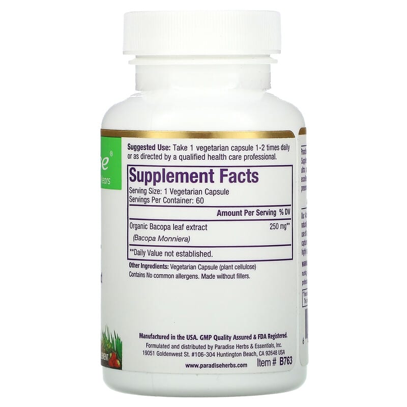 Paradise Herbs Bacopa 60 Vegetarian Capsules 2 Thành phần vi chất của Paradise Herbs Bacopa 60 Vegetarian Capsules 601944777630