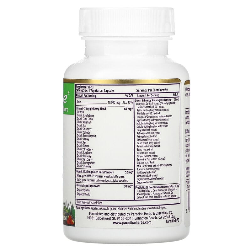 Paradise Herbs Earth's Blend Biotin 10.000 mcg 90 Vegetarian Capsules 2 Thành phần vi chất của Paradise Herbs Earth's Blend Biotin 10.000 mcg 90 Vegetarian Capsules 601944778705
