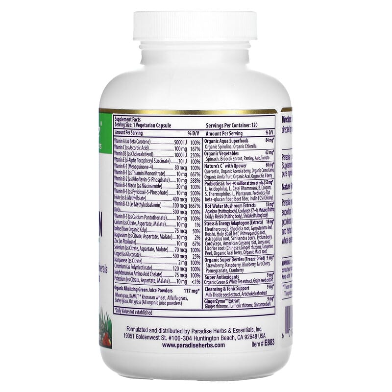 Paradise Herbs Earth's Blend One Daily Superfood Multi-Vitamin No Iron 120 Vegetarian Capsules 2 Thành phần vi chất của Paradise Herbs Earth's Blend One Daily Superfood Multi-Vitamin No Iron 120 Vegetarian Capsules 601944778835