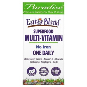 Thực phẩm chức năng Paradise Herbs Earth's Blend One Daily Superfood Multi-Vitamin No Iron 60 Vegetarian Capsules 601944778279