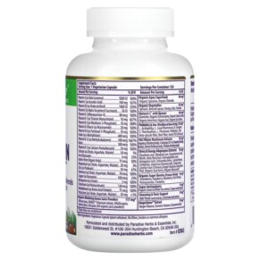 Thành phần vi chất của Paradise Herbs Earth's Blend One Daily Superfood Multi-Vitamin with Iron 120 Vegetarian Capsules 601944778828