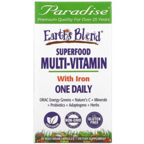 Thực phẩm chức năng Paradise Herbs Earth's Blend One Daily Superfood Multi-Vitamin with Iron 30 Vegetarian Capsules 601944778286