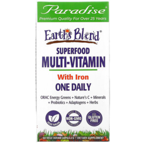 Thực phẩm chức năng Paradise Herbs Earth's Blend One Daily Superfood Multi-Vitamin with Iron 60 Vegetarian Capsules 601944778293