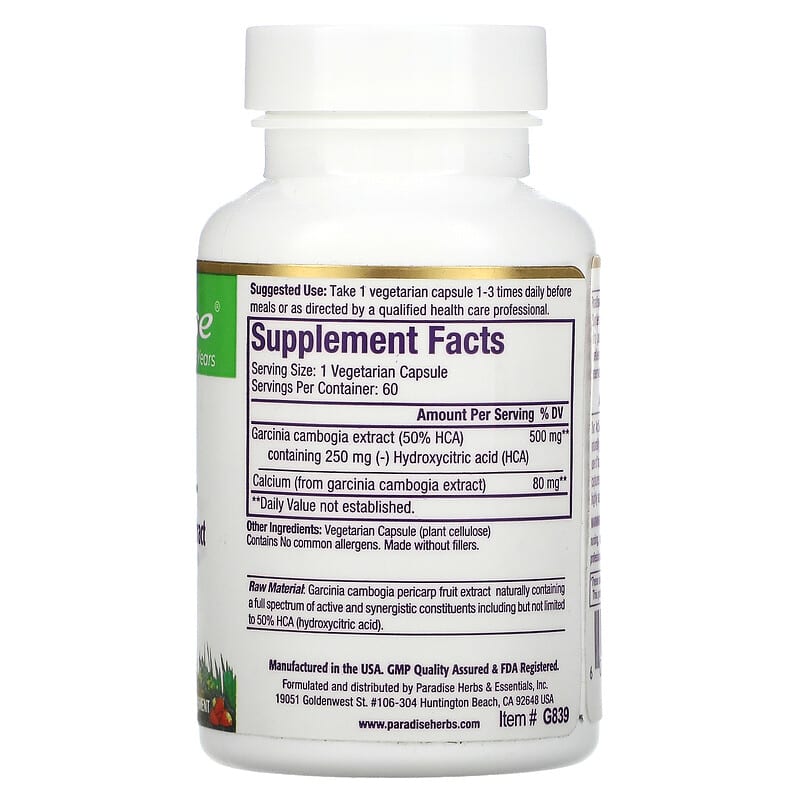 Paradise Herbs Garcinia 60 Vegetarian Capsules 2 Thành phần vi chất của Paradise Herbs Garcinia 60 Vegetarian Capsules 601944778392