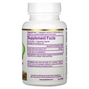 Thành phần vi chất của Paradise Herbs Ginkgo Biloba 60 Vegetarian Capsules 601944777203