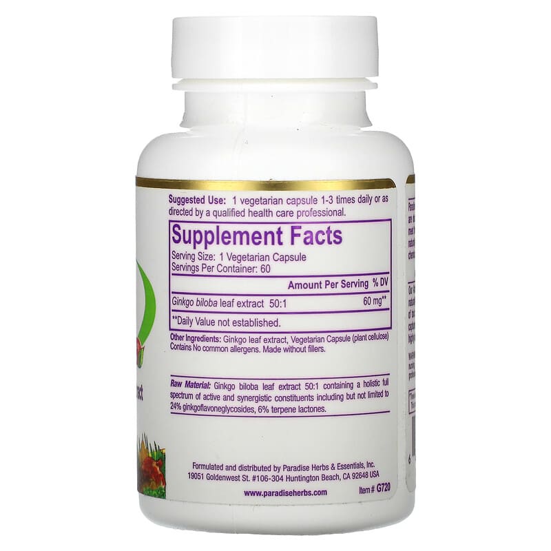 Paradise Herbs Ginkgo Biloba 60 Vegetarian Capsules 2 Thành phần vi chất của Paradise Herbs Ginkgo Biloba 60 Vegetarian Capsules 601944777203
