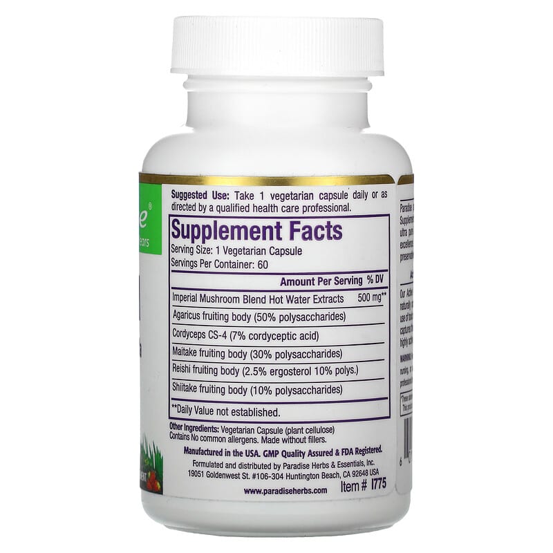 Paradise Herbs Imperial Mushroom 60 Vegetarian Capsules 2 Thành phần vi chất của Paradise Herbs Imperial Mushroom 60 Vegetarian Capsules 601944777753