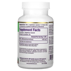 Thành phần vi chất của Paradise Herbs MSM 1.000 mg 90 Vegetarian Capsules 601944777500