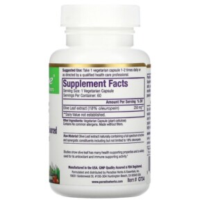 Thành phần vi chất của Paradise Herbs Olive Leaf 60 Vegetarian Capsules 601944777340