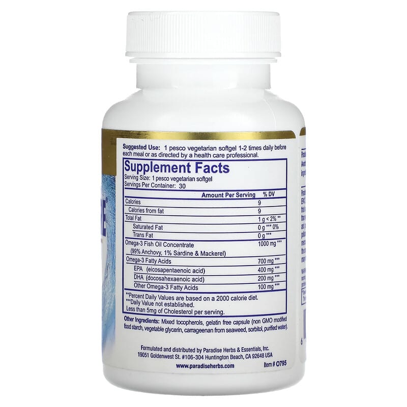 Paradise Herbs Omega Sure Premium Omega-3 Fish Oil 1.000 mg 30 Pesco Vegetarian Softgels 2 Thành phần vi chất của Paradise Herbs Omega Sure Premium Omega-3 Fish Oil 1.000 mg 30 Pesco Vegetarian Softgels 601944777951
