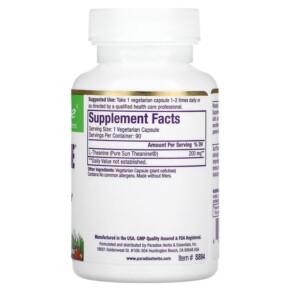 Thành phần vi chất của Paradise Herbs Sun Theanine 200 mg 90 Vegetarian Capsules 601944778941