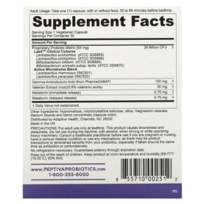 Thành phần vi chất của Peptiva Clinically Validated Probiotics + Sleep Support 30 Vegetarian Capsules 855710002512