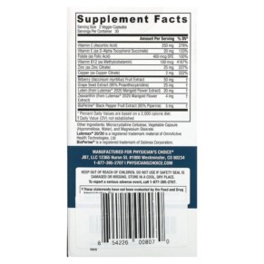 Thành phần vi chất của Physician's Choice Areds2 Based Formula 60 Veggie Capsules 854226008070