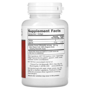 Thành phần vi chất của Protocol for Life Balance Boswellia Extract 500 mg 90 Softgels 707359149366