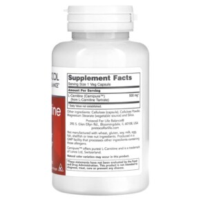 Thành phần vi chất của Protocol for Life Balance L-Carnitine 500 mg 60 Veg Capsules 707359100725