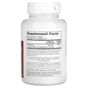 Thành phần vi chất của Protocol for Life Balance Magnesium Citrate 100 Tablets 707359112902