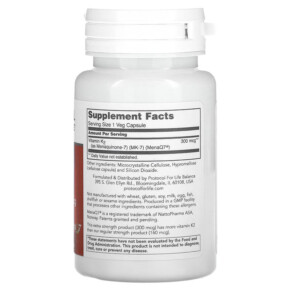 Thành phần vi chất của Protocol for Life Balance MK-7 Vitamin K2 Extra Strength 300 mcg 60 Veg Capsules 707359109940