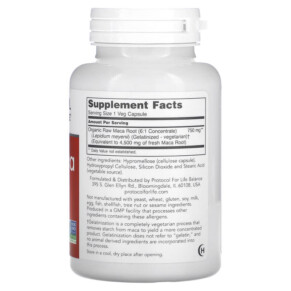 Thành phần vi chất của Protocol for Life Balance Raw Maca 750 mg 90 Veg Capsules 707359147775