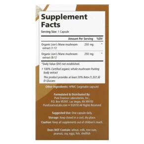 Thành phần vi chất của Pure Essence MyPure Lion's Mane 4X 60 Vegi-Caps 659670922022