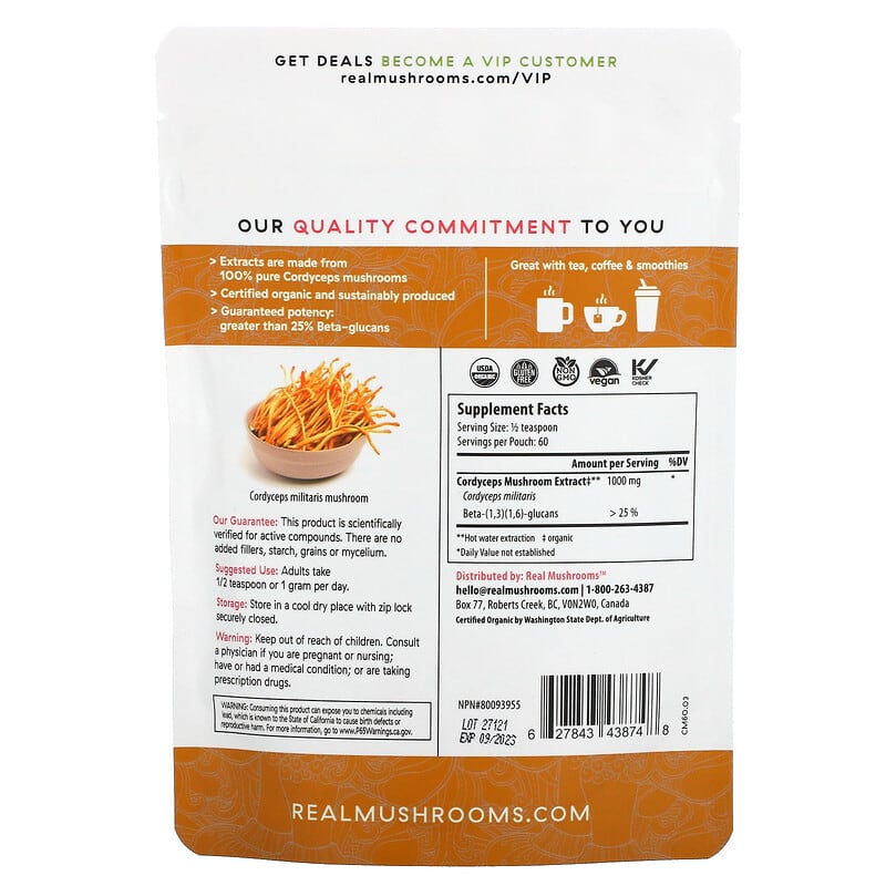 Real Mushrooms Cordyceps-M Organic Mushroom Extract Powder 2.12 oz (60 gm) 2 Thành phần vi chất của Real Mushrooms Cordyceps-M Organic Mushroom Extract Powder 2.12 oz (60 gm) 627843438748