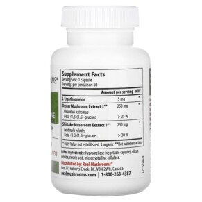 Thành phần vi chất của Real Mushrooms ERGO + L-Ergothioneine 60 Capsules 628110068385