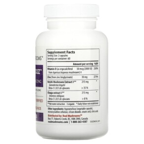 Thành phần vi chất của Real Mushrooms Mushroom D2Z D2/Beta Glucan/Zinc 120 Capsules 628110068361
