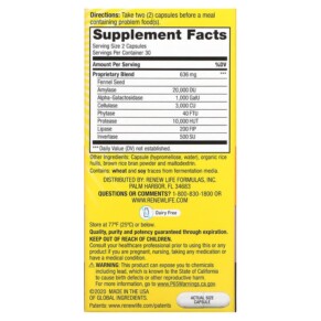 Thành phần vi chất của Renew Life Gas Stop Enzyme Formula 60 Vegetarian Capsules 631257534897