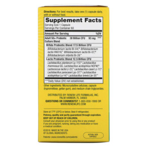 Thành phần vi chất của Renew Life Ultimate Flora Adult 50+ Probiotic 30 Billion Live Cultures 60 Vegetarian Capsules 631257121134