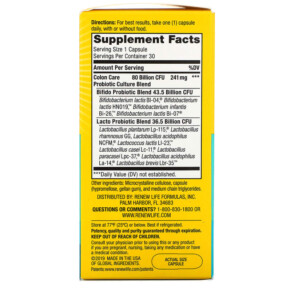 Thành phần vi chất của Renew Life Ultimate Flora Colon Care Probiotic 80 Billion Live Cultures 30 Vegetarian Capsules 631257121226