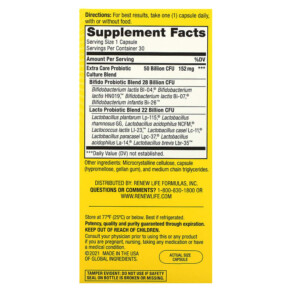 Thành phần vi chất của Renew Life Ultimate Flora Extra Care Probiotic 50 Billion Live Cultures 30 Vegetarian Capsules 631257121066