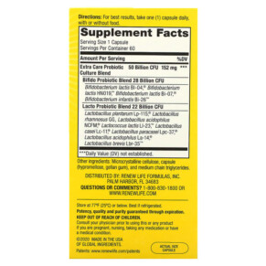 Thành phần vi chất của Renew Life Ultimate Flora Extra Care Probiotic 50 Billion Live Cultures 60 Vegetarian Capsules 631257121080