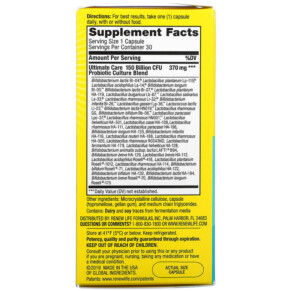 Thành phần vi chất của Renew Life Ultimate Flora Ultimate Care Probiotic 150 Billion Live Cultures 30 Vegetarian Capsules 631257121202