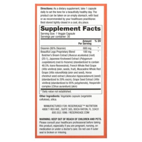 Thành phần vi chất của Reserveage Nutrition Beautiful Legs with Diosmin & Butcher's Broom Extract 30 Veggie Capsules 094922015679