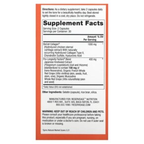 Thành phần vi chất của Reserveage Nutrition Collagen Booster with Hyaluronic Acid & Resveratrol 60 Capsules 094922978646